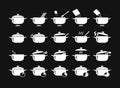 Cooking saucepans in the kitchen simple white icons set. 20 vector symbols on a black background. Steam pots, gas, timer Royalty Free Stock Photo