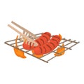 Cooking sausage on bbq icon, cartoon style