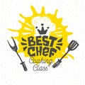Cooking school, culinary classes, studio, logo, utensils, apron, fork, knife, master chef.