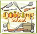 Cooking school graphic with utensils.
