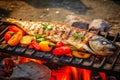 cooking sea bass fish on hot grill with tomatoes and lemon, grilled fish BBQ. Good food. Generative AI