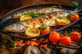 cooking sea bass fishes on grill with tomatoes and lemon, grilled fish BBQ. Good food.