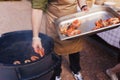 Cooking seafood on a barbecue grill. Grilled shrimp. Royalty Free Stock Photo