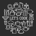 Cooking set of kitchenware line icons in circle