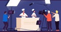 Cooking show. Chef live tv entertainment. People in uniform cook on kitchen. Flat shooting with spotlights in restaurant