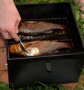 Cooking smoked European bass Dicentrarchus labrax fish outdoor