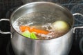 Boiling meat broth in steel stockpot Royalty Free Stock Photo