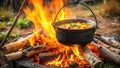 Campfire Comfort: Aerial View of Soup Cooking in a Cauldron - AI Generative Royalty Free Stock Photo