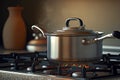 Cooking soup in pot in kitchen steel pot on gas burner