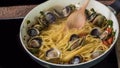 Cooking spaghetti alle vongole clams Royalty Free Stock Photo