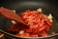 Cooking spicy meat with tomato dip by chef. Royalty Free Stock Photo