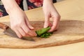 Cooking spinach leaves on a cutting Board in the kitchen Royalty Free Stock Photo