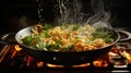 Cooking stage by capturing the moment when pasta is being lowered into a pot of boiling water. Focus on the bubbling water, the