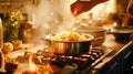 Cooking stage by capturing the moment when pasta is being lowered into a pot of boiling water. Focus on the bubbling water, the