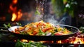 Cooking stage by capturing the moment when pasta is being lowered into a pot of boiling water. Focus on the bubbling water, the