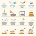 Cooking stages. Tasty cakes preparation baked steps cuisine products recent vector illustrations in flat style