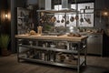 a cooking station with an industrial theme, featuring stainless steel and metal accents