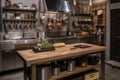 a cooking station with an industrial theme, featuring stainless steel and metal accents