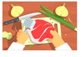 Cooking Of Steak Bright Color Illustrations. Hands Working On Food Preparation View From Above Drawing