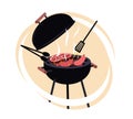 Cooking steak on grill. Cooking equipment for meat products with rack, barbecue party or menu decoration. Sausages and