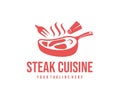 Cooking steak on pan, fork and salt cellar, logo design. Food, restaurant, meal and meat, vector design