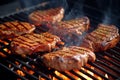 Cooking steaks on grill with herbs