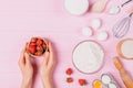 Cooking strawberry pie process, flat lay Royalty Free Stock Photo