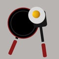 Cooking a sunny side egg for breakfast. Cartoon illustration. Isolated. Top view. Frying pan, fried egg and skillet.