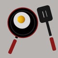 Cooking a sunny side egg for breakfast. Cartoon illustration. Isolated. Top view. Frying pan, fried egg and skillet.