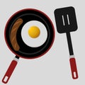 Cooking a sunny side egg and a sausage for breakfast. Cartoon illustration. Isolated. Top view.