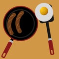 Cooking a sunny side egg and two sausage for breakfast. Cartoon illustration. Isolated. Top view.