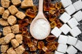 Cooking sweets set with sugar in spoons on kitchen table background top view pattern