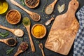 Cooking table with spices and herbs Royalty Free Stock Photo