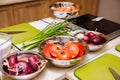 Cooking tables working stations prepared before the cooking master class Royalty Free Stock Photo