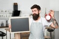 Cooking Time. dinner menu from skilled chef. bearded man in cook apron. lunch time concept. Time alarm on diet and Royalty Free Stock Photo