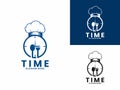 Cooking time logo design. Clock combination with spoon, fork spoon, and chef hat logo design vector template Royalty Free Stock Photo