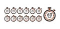 Cooking time, set of time counter icons from 5 minutes to 1 hour. Stopwatch Timer Clock Vector Illustration Isolated