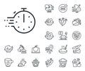 Cooking timer line icon. Frying stopwatch sign. Food preparation. Crepe, sweet popcorn and salad. Vector