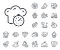 Cooking timer line icon. Frying stopwatch sign. Food preparation. Crepe, sweet popcorn and salad. Vector