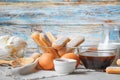 Cooking tiramisu concept, ingredients for making Italian dessert on the wooden background