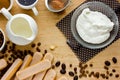 Cooking Tiramisu concept step by step. Homemade tiramisu cake whipped cream