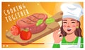 Cooking together, video tutorial for social networks, videoplayer concept, woman with okay gesture