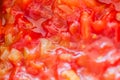 Cooking tomato sauce, closeup steamed vegetables for cook book or food blog background