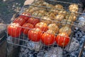 Cooking tomatoes and mushrooms in a charcoal grill at a picnic in the nature close-up