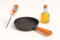 Cooking Tools Concept: Digital Kitchen Timer, Frying Pan, and Oil Bottle for Culinary Efficiency and Convenience in a Modern Royalty Free Stock Photo
