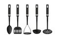 Cooking tools. 3D realistic utensil. Types set of household appliances for preparing food. Black spoon and spatula or