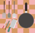 Cooking tools or equipment stuff on kitchen in vector illustration