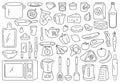 Cooking tools and ingredients. Food prepare, kitchen cookware and utensil. Outline spoon, knife, bowl and plate. Culinary vector
