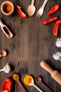 Cooking tools in restoraunt concept on wooden background top view mock up Royalty Free Stock Photo