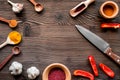 Cooking tools in restoraunt concept on wooden background top view mock up Royalty Free Stock Photo